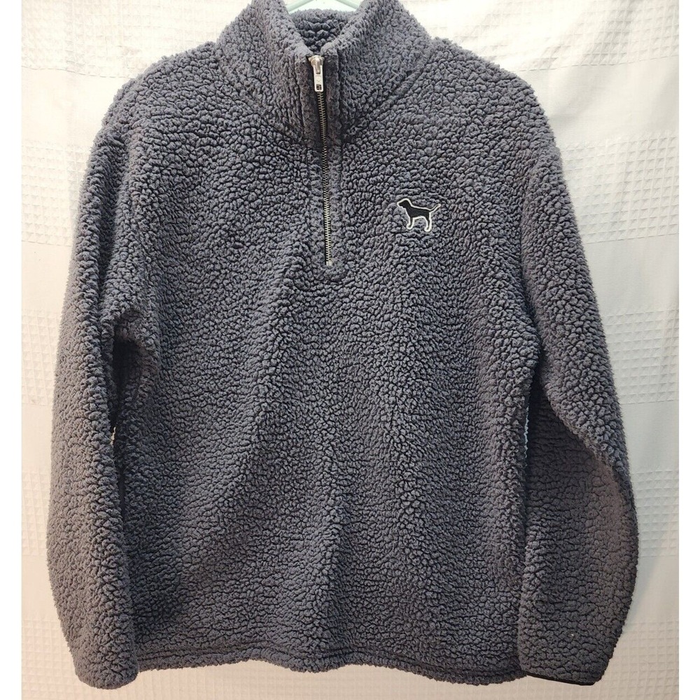 Victoria's Secret PINK Teddy Bear Gray Sherpa Women XS Sweater 1/4 Zip 0410